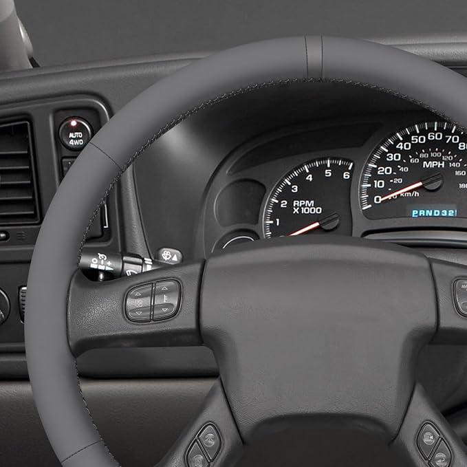 MEWANT Hand Stitched Steering Wheel Cover for Chevy Silverado 1500 2003-2006 DIY Gray Faux Leather Steering Wheel Wrap