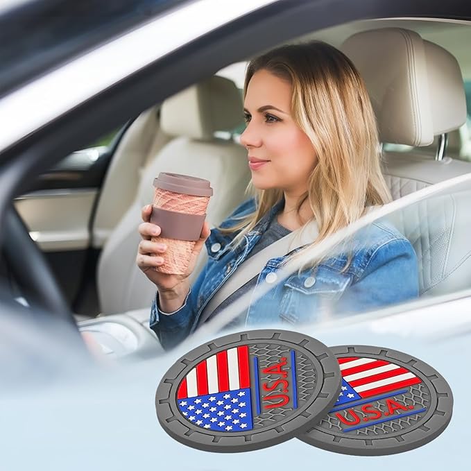 AUCELI 4 Pack Car Cup Holder Coasters, Colored American Flag US Flag Insert Car Cup Coaster, 2.75 Inch Anti Slip Shockproof Embedded Drink Mat, Vehicle Interior Decor Accessories