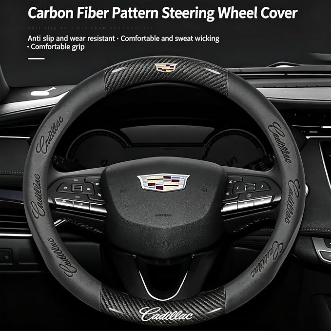 fir for Cadillac Steering Wheel Cover, Carbon Fiber Texture Nappa Leather,Custom Embossed Logo, Round Shape,Car Steering Wheel Protector Compatible with Cadillac Escalade XT4 XT5 XT6 Accessories
