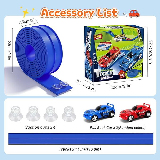 KETIEE Flex Tracks 16Ft for Kids: Flexible Race Car Ramp Track with 2 Small Racecars and 4 Suction Cups Compatible with Diecast 1/64th Cars, Rolls Up Portable Racetrack for Ages 3 & Up