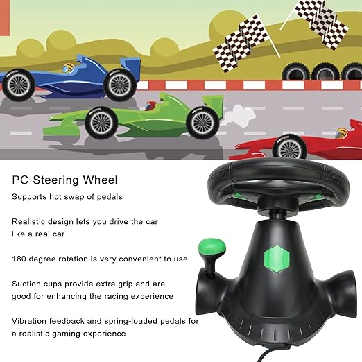 070 PC Steering Wheel, 180 Degree Car Racing Driving Wheel, Strong Suction Game Racing Wheel with Spring Loaded Pedal, for Racing Game, 360, PS3, PS2, PC