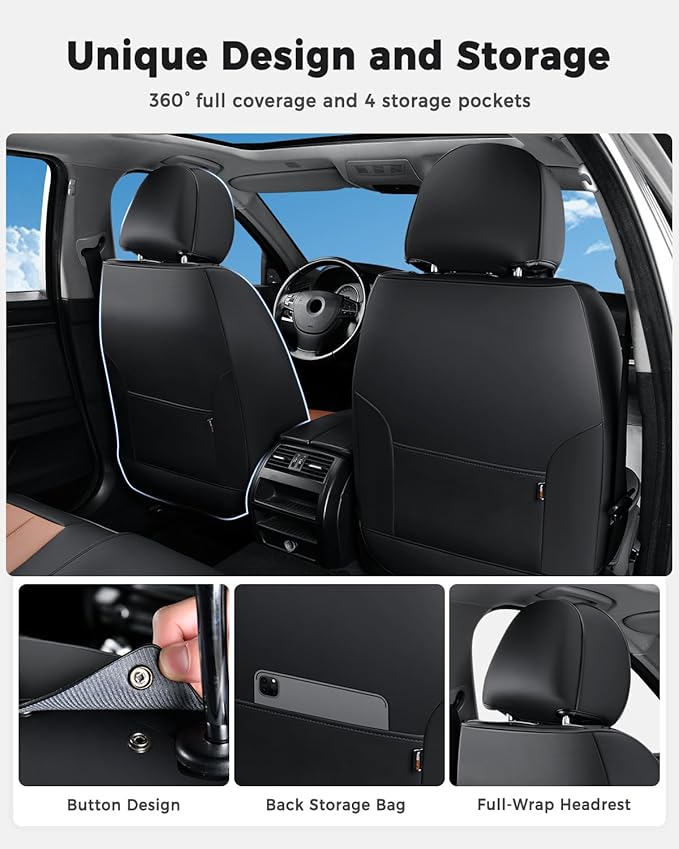 Huidasource Seat Covers Full Set, Universal Fit for Most Cars SUV Trucks, Full Coverage Leather Seat Cover, Airbag, Cupholder Compatible, Seat Function Retain, Easy Install with Velcro, Black & Brown