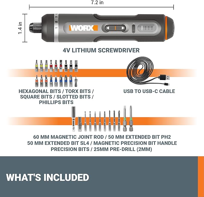 WORX WX242L 4V Lithium Screwdriver - 30-Piece Accessory Kit - Cordless Electric Driver - Rechargeable Battery - Black/Silver - Home DIY, Assembly, Furniture Installation, Repairs, Professional Use