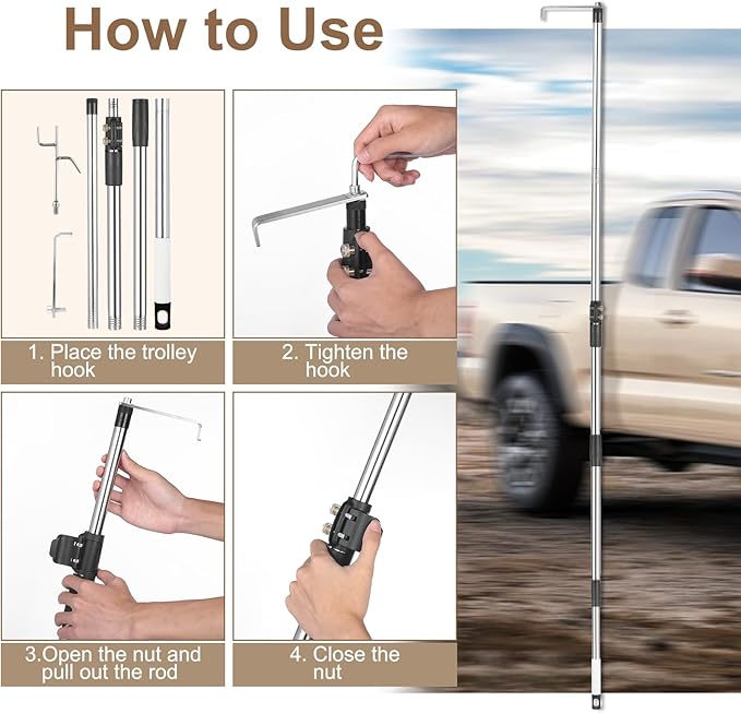 Truck Cargo Grabber, Telescoping Pickup Truck Bed Retriever Tool with Two Hooks, Extends 4.1-5.8 Ft, Non-Slip Rubber Handle, Lightweight and Durable for Easy Item Retrieval