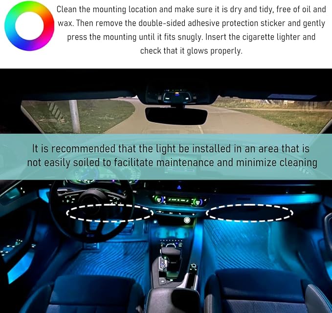 Yourkar Car LED Strip Light, 24 LED Interior Under Dash Atmosphere Lights with Cigarette Lighter, Vehicle Decor Lamp Ambient Night Light Strip Lighting, Universal Car Accessories (Ice Blue)