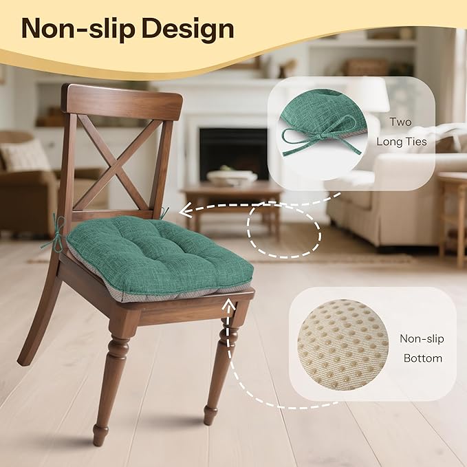 Non Slip Chair Cushions for Dining Chairs Set of 4 Kitchen Chair Cushions 18"x18"x3" Turfted Chair Pads Comfortable and Soft Seat Cushion with Ties, Green