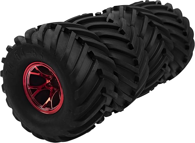 5.31''OD Rubber Tires & Wheel Rim 12mm Hex Hub Compatible with Traxxas Rustler HPI HSP Volcano Tamiya Exceed Himoto 1/10 Off-Road Monster Truck,135mmx73mm (Red)