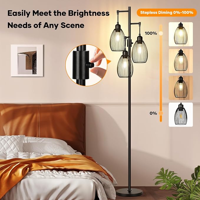 Dimmable Floor Lamp, 3 x 800LM LED Edison Bulbs Included, Farmhouse Industrial Floor Lamp Standing Tree Lamp with Elegant Teardrop Cage Tall Lamps for Living Room Bedroom Office Dining Room-Black
