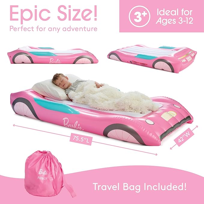Barbie & FUNBOY Kids Sleepover Travel Bed & Air Mattress. Perfect for Sleepovers. Includes Carrying Storage Bag, Twin