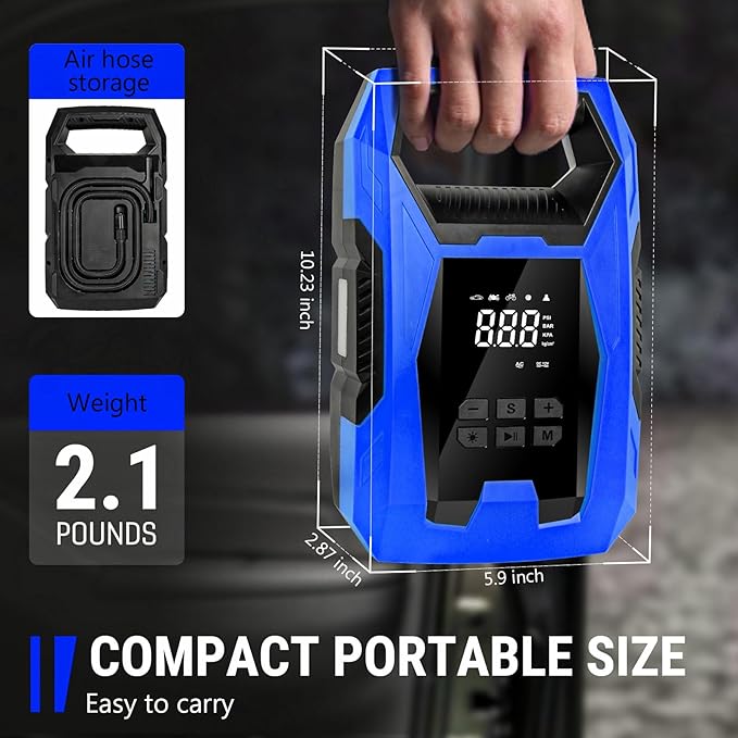 CARSUN AC/DC Tire Inflator Portable Air Compressor, Dual Power for Home 110V AC and Car 12V DC Air Pump with Pressure Gauge, Auto Shutoff, Tire Pump for Car Motorcycle Bike and Other Inflatables, Blue