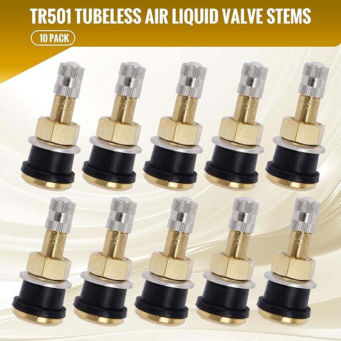 10 Piece TR501 Brass Valve Stems for Commercial Vehicles. Fits 0.748" Valve Hole Dia, Length 1.65'', Brass Colour