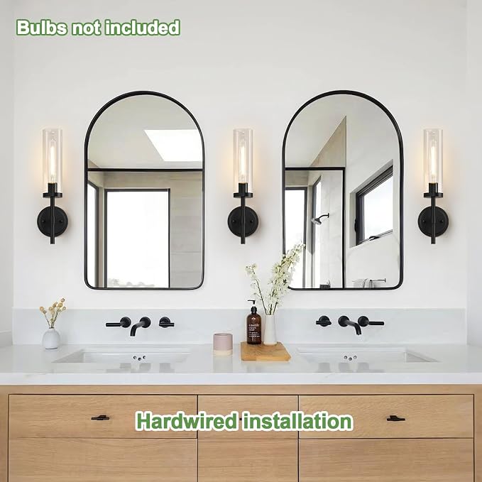 Hardwired Wall Sconces Set of Two, Matte Black Bathroom Sconces with Clear Glass, Modern Wall Light Fixtures for Bathroom Mirror Vanity, Living Room, Bedroom, Hallway, Stairway, Cabinet, Foyer