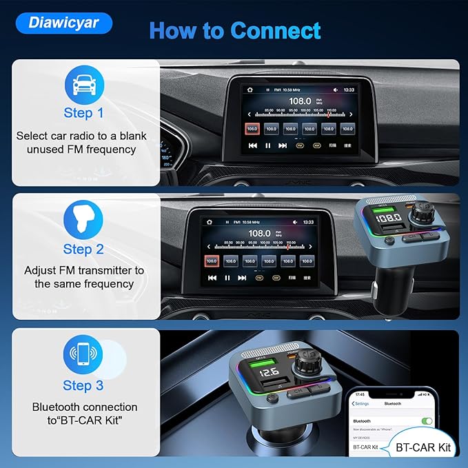 FM Transmitter Bluetooth Car Adapter - 63W Wireless Radio FM Bluetooth Transmitter with Deep Bass Player for Old Cars [PD 45W & QC3.0], Car Charger USB C Fast Charge, Hands-Free Calling, Blue