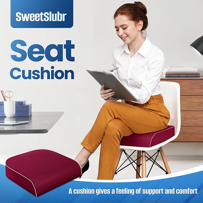 SweetSlubr Seat Cushion for Tailbone Pain Relief, Office Chair Cushion, Memory Foam Large Chair Cushion with Non-Slip Cover for Soft Support at Office Chair, Car Seat, Airplane Red/2X-Large