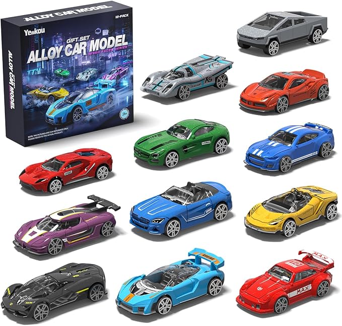 1:64 Scale Die-Cast Metal Toy Cars 12-Pack Vehicles Set, Includes Pickup, Racing Cars, Sports Cars for Display or Play, Great Gift for Kids Age 3 Years and Up (12 Pack)