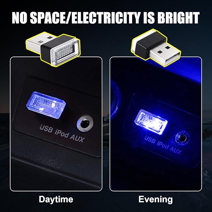 Ziciner 4 PCS USB LED Car Interior Atmosphere Lamp, Portable Mini LED Night Light, Plug-in USB Interface Trunk Ambient Lighting Kit, Universal Interior Accessorie (Red, Blue)