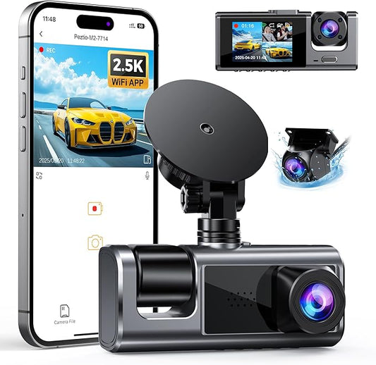 Galphi 3 Channel WiFi Dash Cam Front and Rear Inside, 2.5K+1080P+1080P Car Dash Camera for Cars Front and Rear, Dashcam with G-Sensor, Loop Recording, 24H Parking Mode, SD Card NOT Included