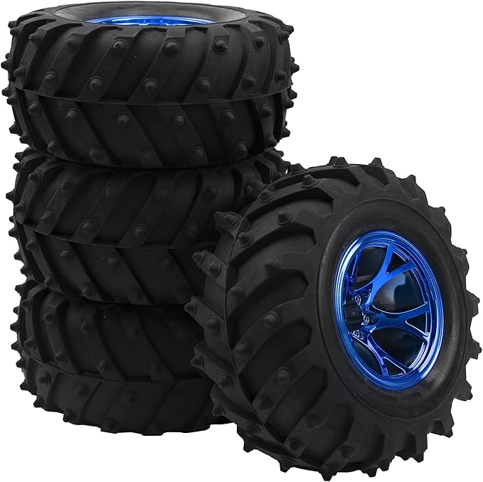 4.72''OD Rubber Tires & Wheel Rim 12mm Hex Hub Compatible with RedCat Volcano Traxxas Rustler HPI HSP Tamiya Exceed Himoto 1/10 Off-Road Monster Truck,120mmx56mm (Blue)
