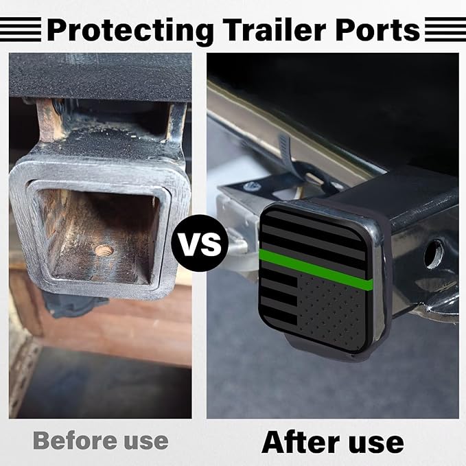 2 Inch Rubber Trailer Hitch Cover, Durable Tow Hitch Covers with American Flag, Car Exterior Accessories Fits for 2 Inches Hitch Receivers, Hitch Cover Tube Plug Cap for Trucks(Black&Green Line)