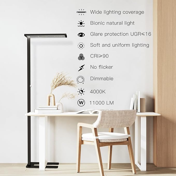 STERREN Eye-Care Led Floor Lamp,76" Tall Office Floor Lamp, 105W Black Modern Free-Standing Lamp, 11100LM Bright Reading Lamp for Study Room,Living Room,Meeting Room,4000K