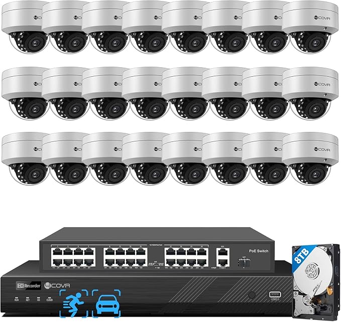 4COVR 4K 32 Channel Security Camera System PoE with Mic, 24X 8MP IK10 Vandal-Proof Dome IP Camera IP67, AI Person Vehicle Detection, 4K UHD NVR 8TB HDD, Commercial Surveillance Outdoor, LY54AX8M3224