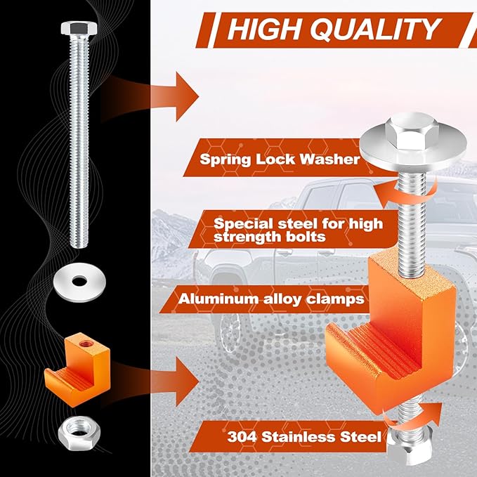 Upgraded Truck Tool Box Mounting Kit Comes with Fastening Nuts - Aluminum Pickup Truck Bed Toolbox Mounting Kit - Universal Truck Tool Box Tie Downs Accessories - J-Hooks Crossover Fixed Kit - Orange