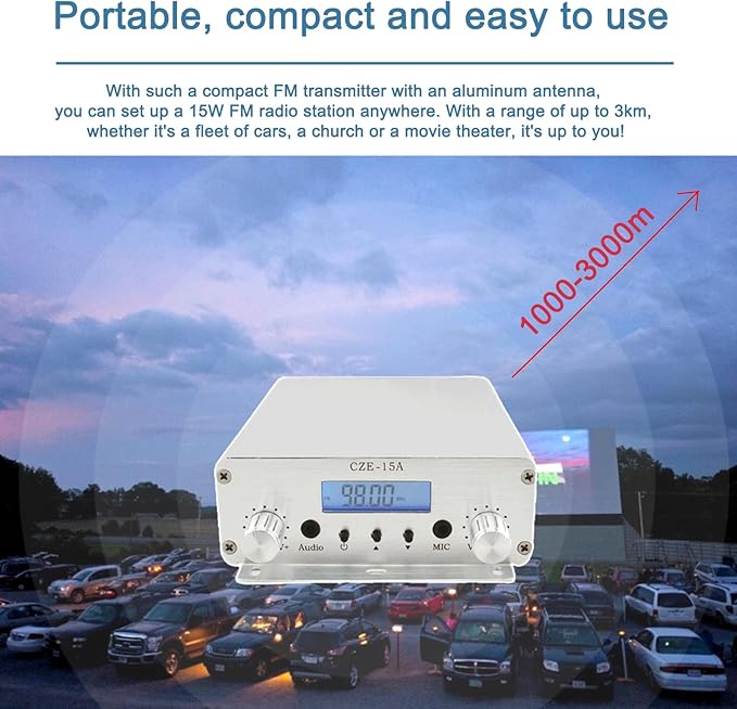 15W FM Transmitter, Long Range FM Broadcast Transmitter for Churches, Cars, Shopping Malls, Lecture Halls, Private Radio Stations with 3.5mm Mic Jack (15W)