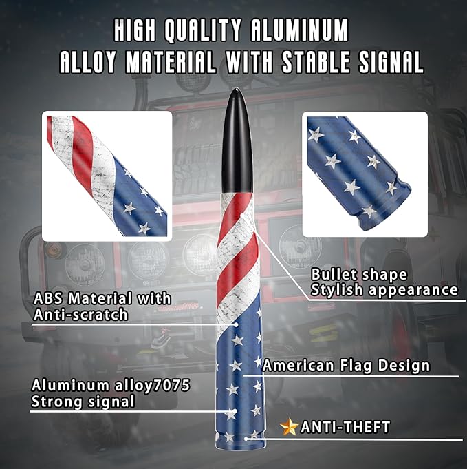 Car Truck Bullet Antenna with Valve Stem Caps for F150 F250 F350 Super Chevrolet Duty Raptor Dodge Ram 1500 2500 3500,Pickup Jeep Accessories（Black ）- American Flag Design-Car Wash Safe