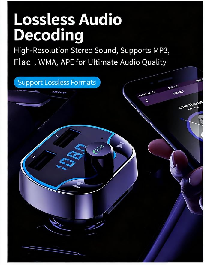 Bluetooth FM Transmitter Car Adapter with LED Voltage Display, Hands-Free Calling, Dual USB Car Charger, Supports MP3, Radio, TF Card, USB Disk Playback