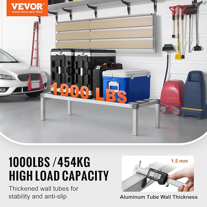 VEVOR Aluminum Dunnage Rack, 48” x 20” Commercial Food Floor Rack, 12” Off the Floor, 1000 lbs Capacity All-Welded Aluminum Storage Rack, for Storage in Restaurants, Kitchens, Garages and Vehicles