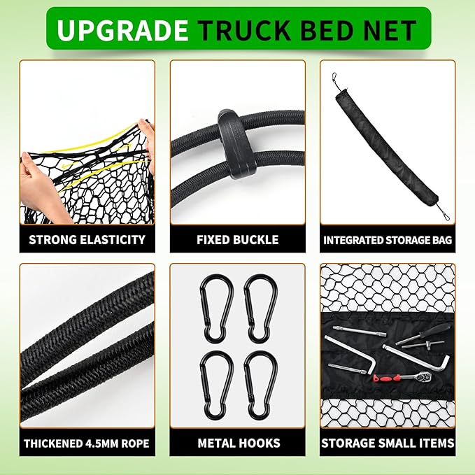 Truck Bed Cargo Net, Universal Fit for Ford F150, Chevy Silverado, GMC Sierra, Heavy Duty Storage Net with Bag