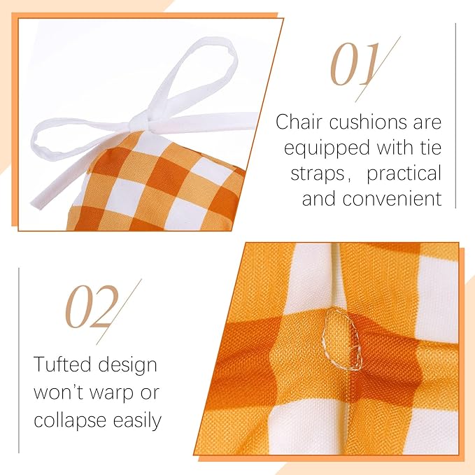 Geetery 4 Pack Chair Cushions for Dining Chairs, 16" x 15" Orange Kitchen Chair Cushions with Ties Buffalo Plaid Soft Comfy Seat Pads for Home Office Living Room Outdoor Indoor