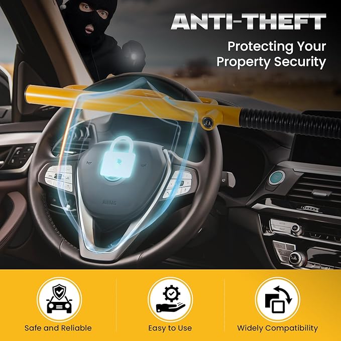 LAMA Heavy Duty Steering Wheel Lock Car Anti-Theft Device, Universal Vehicle Steering Wheel Lock Car Anti Theft Security Lock for Cars Trucks Vans and SUVs(Yellow)