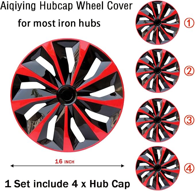 Hubcap Wheel Cover Replacement R16 Hub Caps Universal-Fit Steel Wheel Rim Cover ABS Material Exterior Accessories for Car Truck SUV -Set of 4（16-inch，Red-Black）