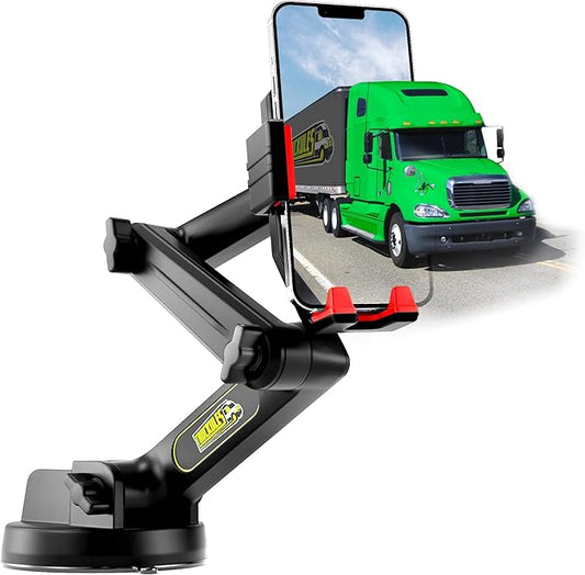 Cell Phone Mount for Truck Phone Holder for Truck Drivers - Heavy Duty Suction Cup + Dashboard Pad, iPhone Holder for Dashboard Window 16.9 inch Long, for iPhone & Samsung, Semi Trucker, Red