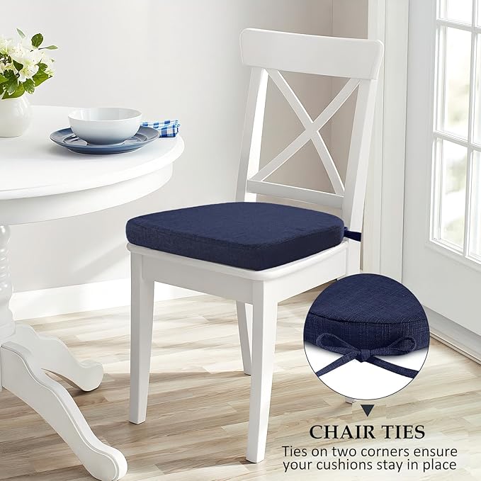 Wellsin Chair Cushions for Dining Chairs 6 Pack - Kitchen Chair Cushions with Ties and Non-Slip Backing - Dining Chair Pads 16"X16"X2", Navy