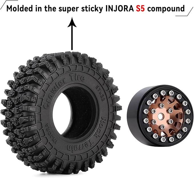 INJORA 1.0 Beadlock Wheel S5 Super Soft Sticky Crawler Tires for TRX4M Axial AX24 SCX24 FCX24 Enduro24 Upgrade, 57 * 22mm(Black＆Copper)