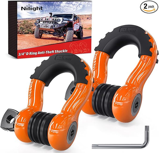 Nilight 3/4 inch D Ring Shackle 2 Pack 19T (41,887 lbs) Break Strength 4.75T WLL Heavy Duty Towing Hook with Anti-Theft System Anti-Rattle Isolators for Truck Jeep SUV ATV UTV Recovery Orange