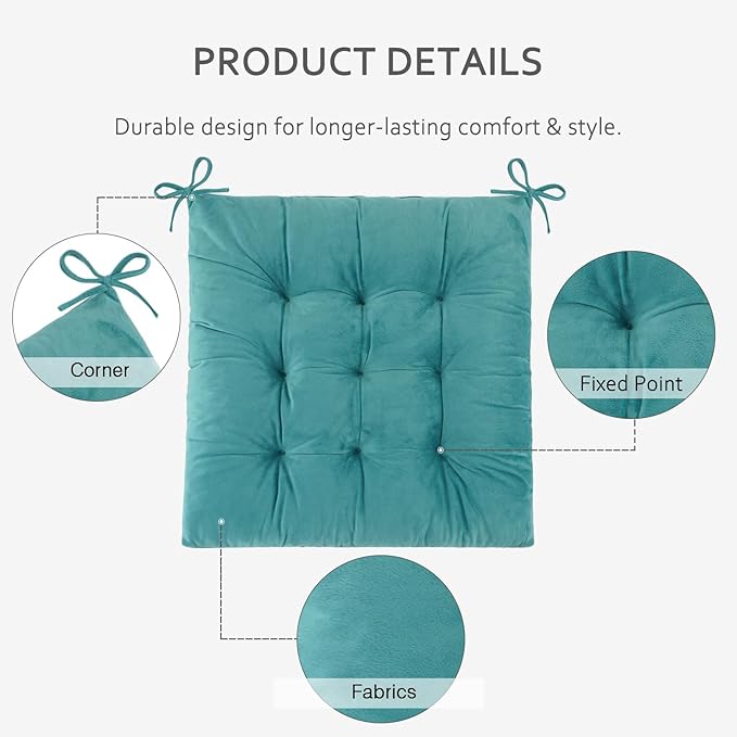 ELFJOY Chair Cushions for Dining Chairs Set of 4 Kitchen Seat Cushions Indoor Velvet Seat Pad with Ties for Dining Office Living Room (18" x 18", Green)