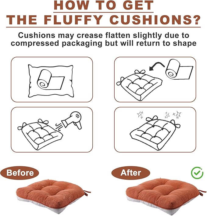 Battilo Chair Cushions Set of 2 for Dining Chairs, Seat Cushions for Kitchen Chairs with Non-Slip Backing, Indoor/Outdoor Waterproof Chair Seat Pads with Ties, 15.5"x15.5"x4", Caramel