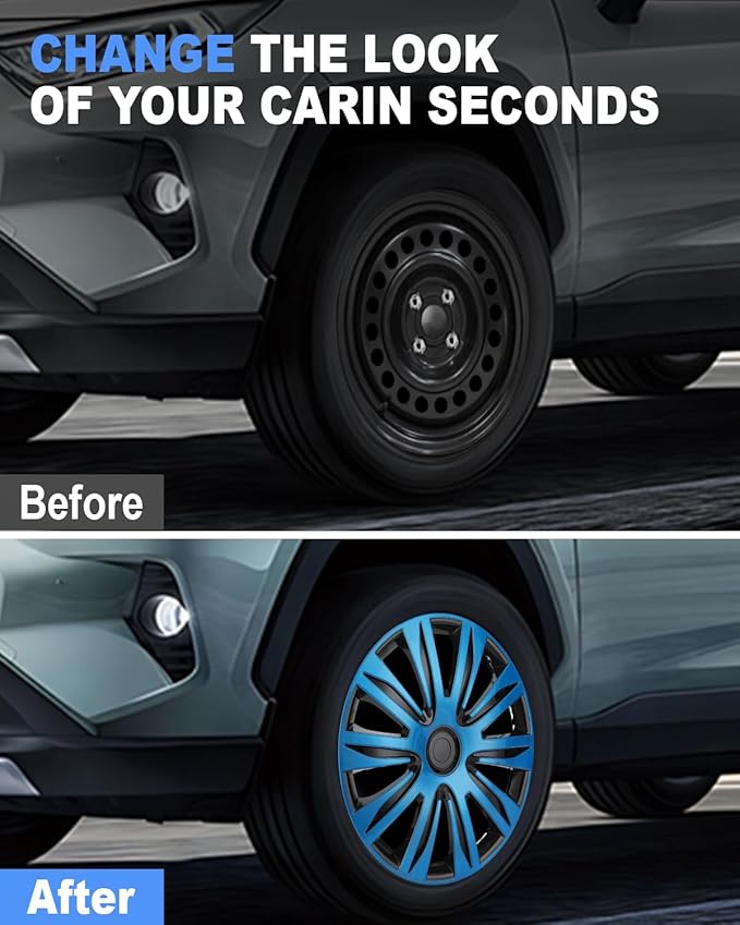 ABX Hubcap Wheel Covers Hub Caps 16 Inch Set of 4 Black & Blue Universal Wheel Rim Cover R16 Stylish Car Decor Wheel Covers