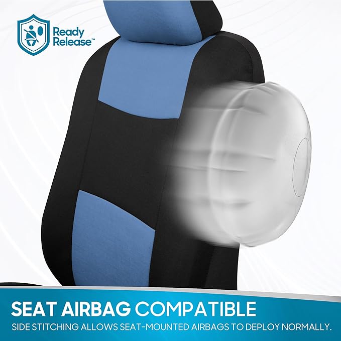 BDK PolyPro Car Seat Covers Full Set in Blue Gray on Black, Front and Rear Split Bench Seat Covers for Cars, Easy to Install Car Seats Cover Set and Accessories for Auto Trucks Van SUV - Blue Gray
