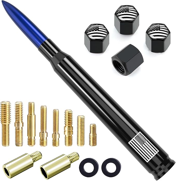 Car Truck Bullet Antenna with Tire Valve Caps American Flag Universal Short Replacement for GMC Sierra Chevy Silverado Dodge Ram 1500 2500 3500 Ford F150 F250 F350 Super Duty Raptor Accessories Blue