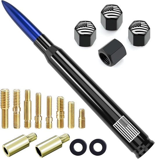Car Truck Bullet Antenna with Tire Valve Caps American Flag Universal Short Replacement for GMC Sierra Chevy Silverado Dodge Ram 1500 2500 3500 Ford F150 F250 F350 Super Duty Raptor Accessories Blue