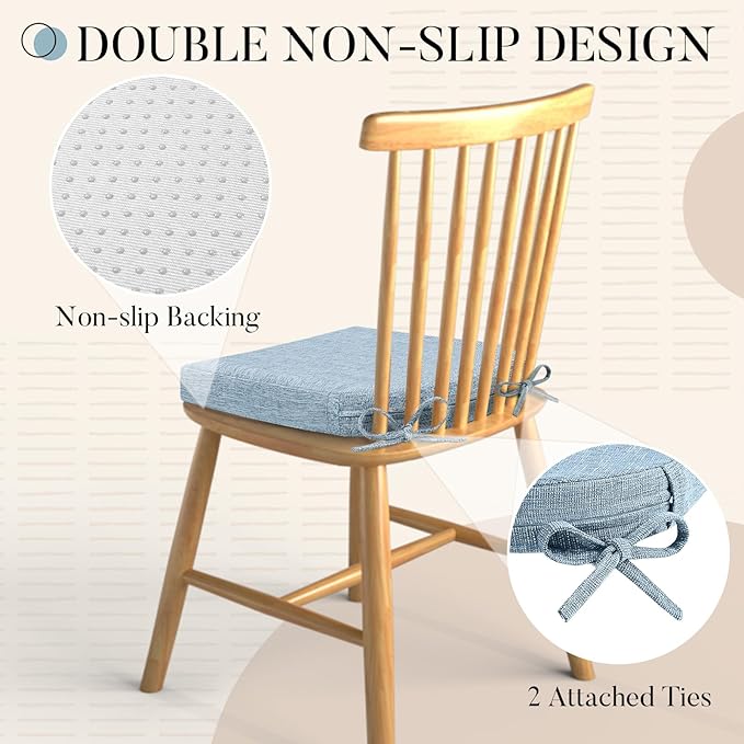 Basic Beyond Chair Cushions for Dining Chairs with Ties and Removable Cover, 2" Thick Seat Cushions for Kitchen Chairs, Set of 4, 17" x 16", Baby Blue
