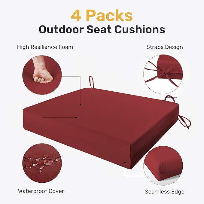 UNIKOME Outdoor Chair Cushions Pack of 4, Water Resistant Patio Cushions with Ties, High Density Sponge Filling Square Corner Seat Cushions for Outdoor Furniture, 19"*19"*3", Wine