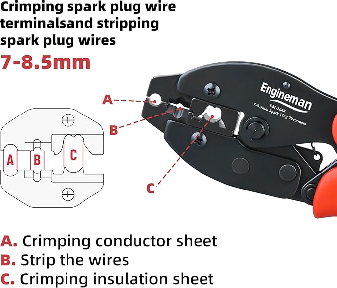 Spark Plug Wire Crimper, Crimping Pliers for Spark Plug Stripping Tool, EM-2048 for Crimping and Stripping Spark Plug Wire, Dia 7.0-8.5mm, Ratchet spark plug wire crimping tool
