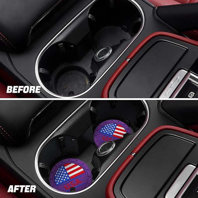 AUCELI 2 Pack Car Cup Holder Coasters, Colored American Flag US Flag Insert Car Cup Coaster, 2.75 Inch Anti Slip Shockproof Embedded Drink Mat, Vehicle Interior Decor Accessories