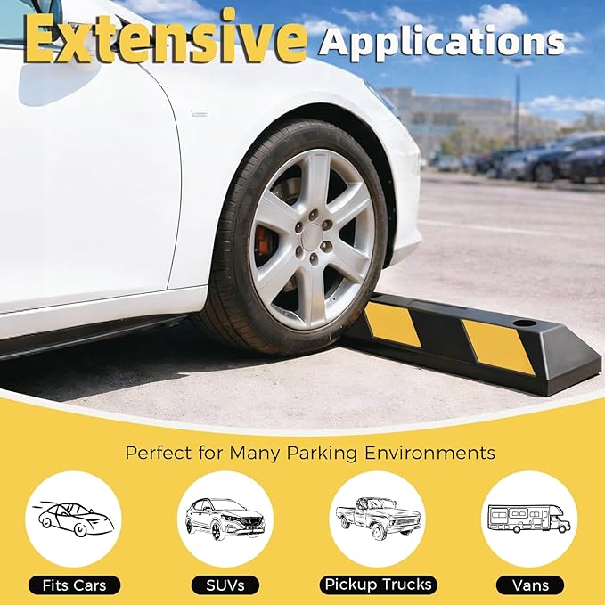 BESEA 35.5" Rubber Parking Stoppers 2 Pack, 22000 LBS Heavy Duty Car Stopper with Reflectors & Mounting Screws, Parking Stopper for Garage, Garage Parking Aid, Parking Stops for Cars 4 Inch Rise