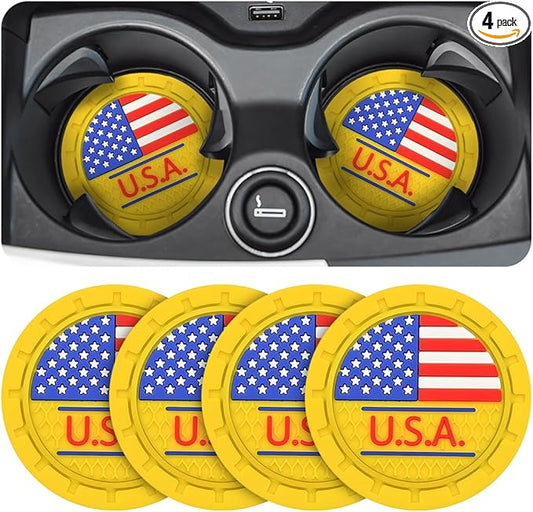 AUCELI 4 Pack Car Cup Holder Coasters, Colored American Flag US Flag Insert Car Cup Coaster, 2.75 Inch Anti Slip Shockproof Embedded Drink Mat, Vehicle Interior Decor Accessories